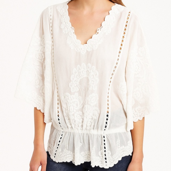 Anthropologie Solitaire Embroidered Floral Sheer White Scalloped Sleeve Top Sz M - Picture 1 of 6